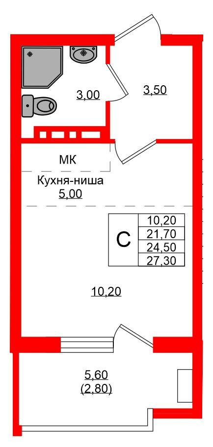 Студия 24 м2 в ЖК Кроны и Волны корпус null этаж 4