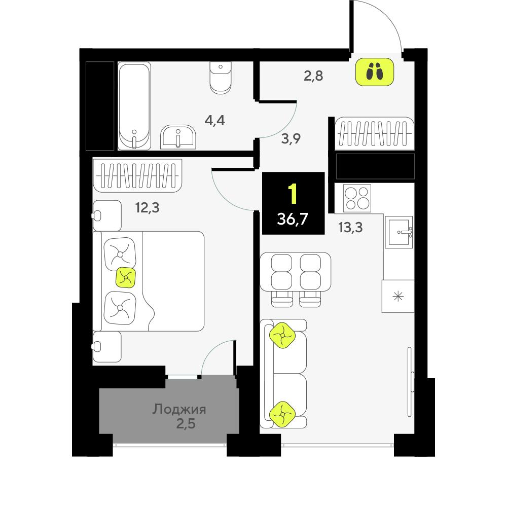 1-комнатная 36 м2 в ЖК Мотивы корпус null этаж 10