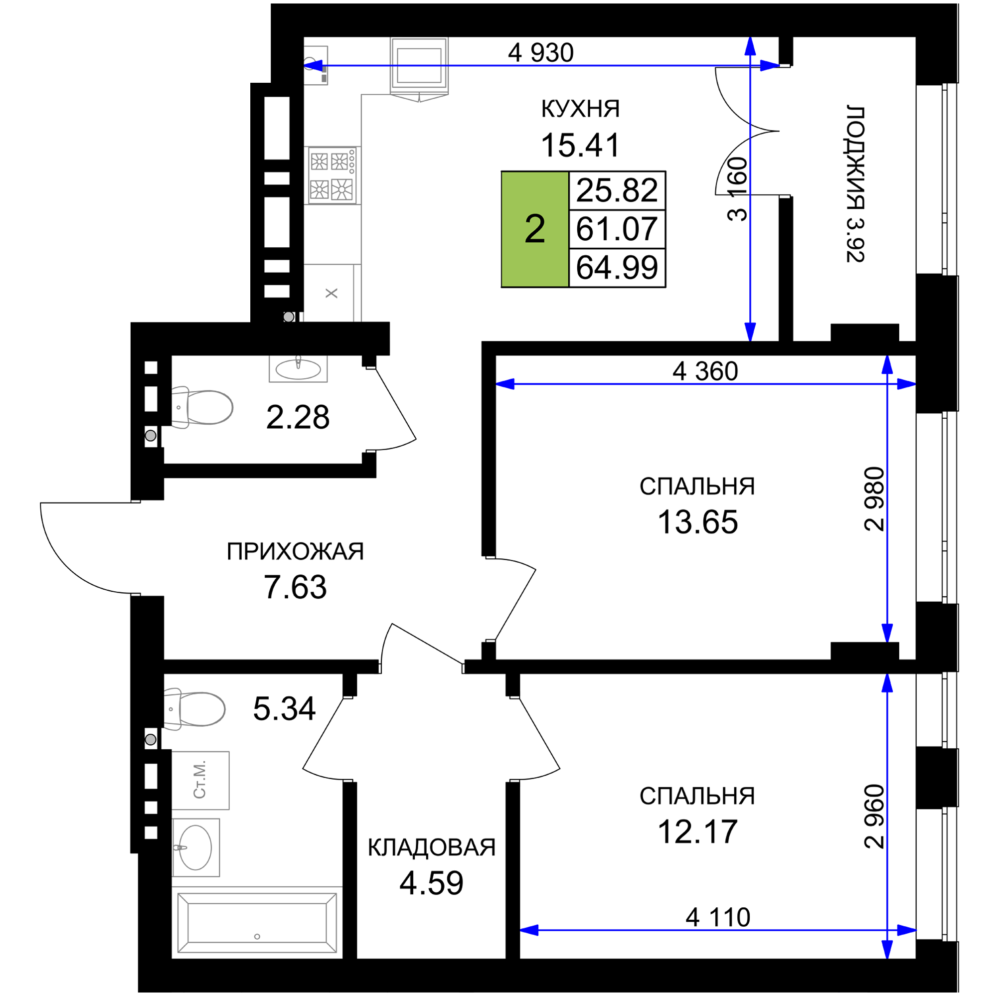 2-комнатная 64 м2 в ЖК Включи корпус null этаж 6