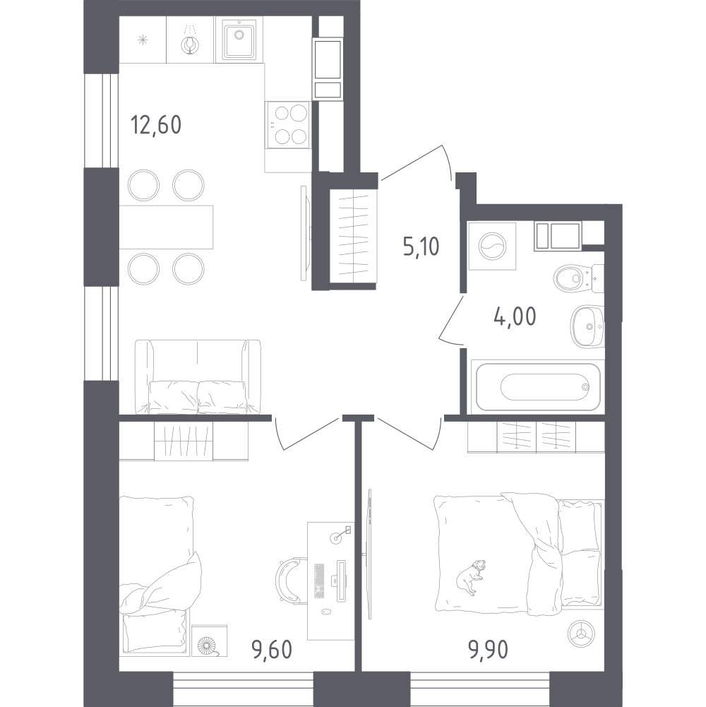 2-комнатная 41 м2 в ЖК Ольховый Квартал корпус null этаж 9