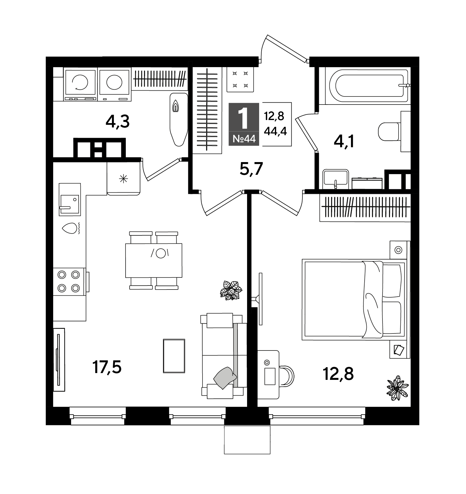 1-комнатная 44 м2 в ЖК Dogma Park корпус null этаж 7
