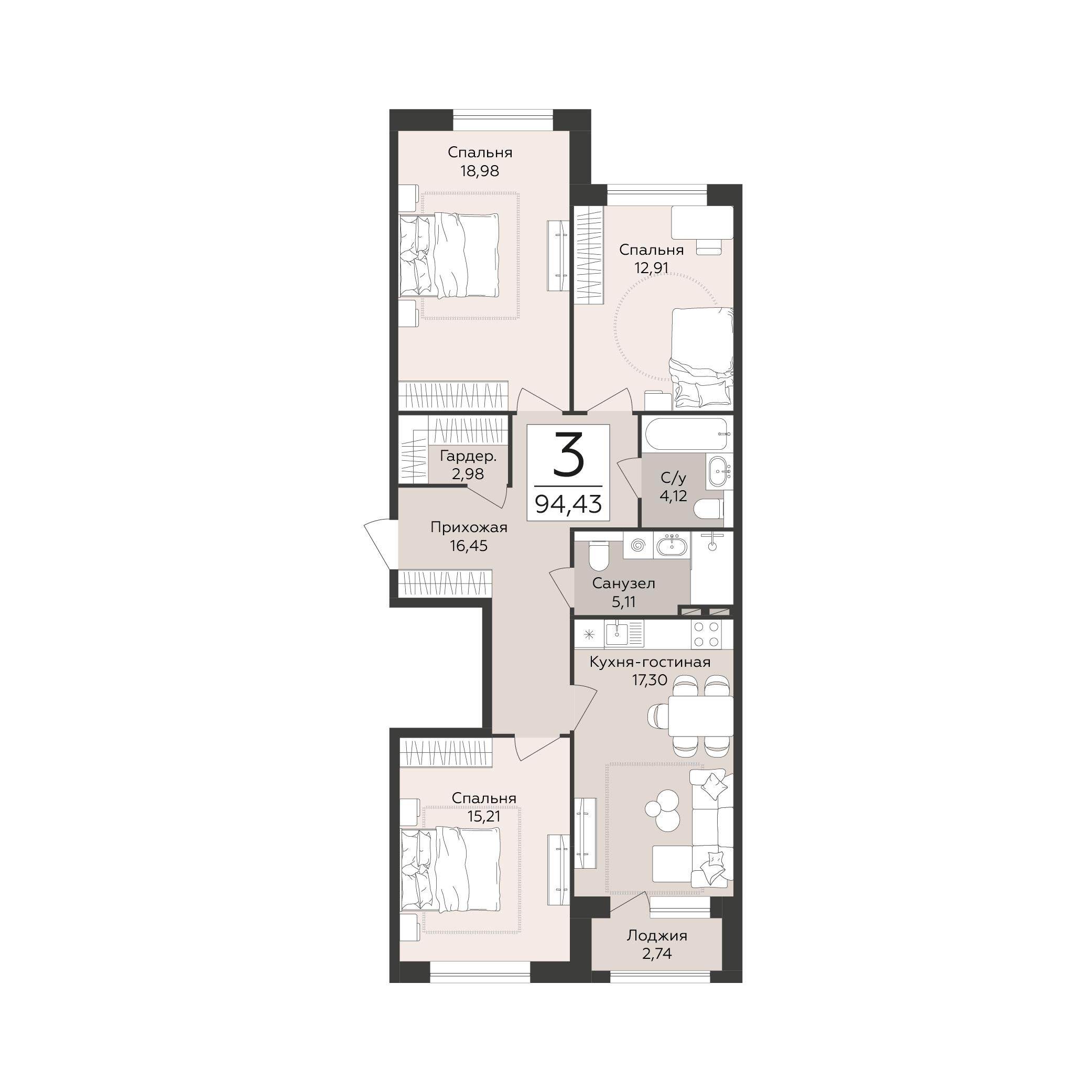 3-комнатная 94 м2 в ЖК Эклипс корпус null этаж 5