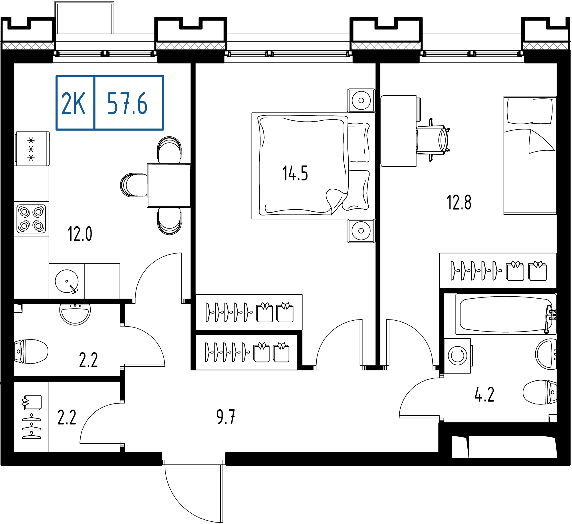 2-комнатная 57 м2 в ЖК Сколково ВАН корпус null этаж 8