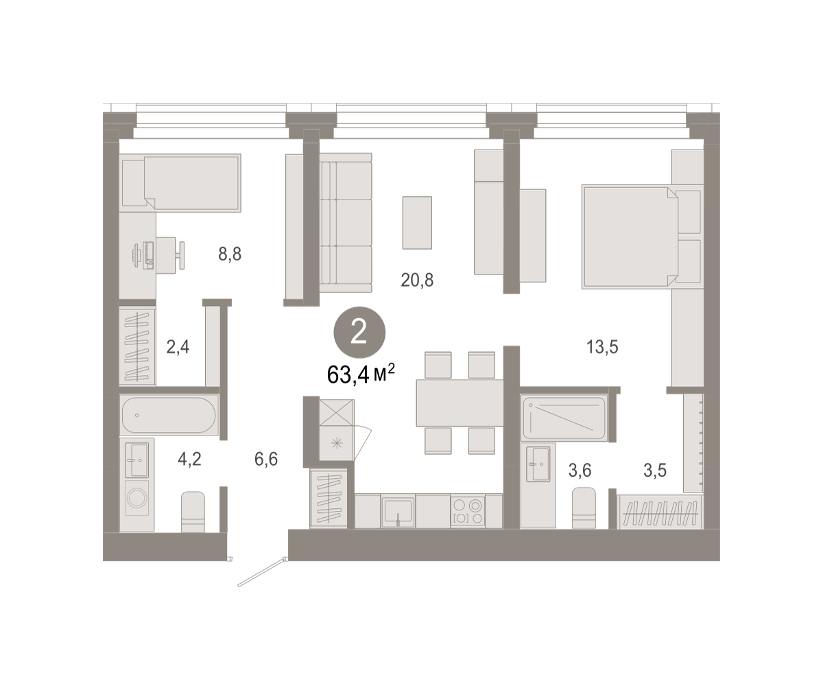 2-комнатная 63 м2 в ЖК Квартал Нефть корпус null этаж 2