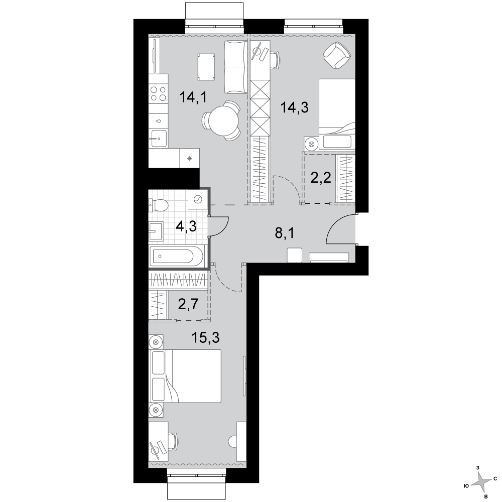 2-комнатная 61 м2 в ЖК Дубровицы Клаб корпус null этаж 2