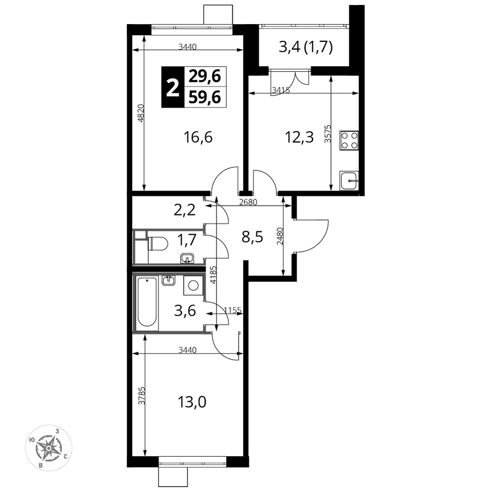 2-комнатная 59 м2 в ЖК 1-й Лермонтовский корпус null этаж 15