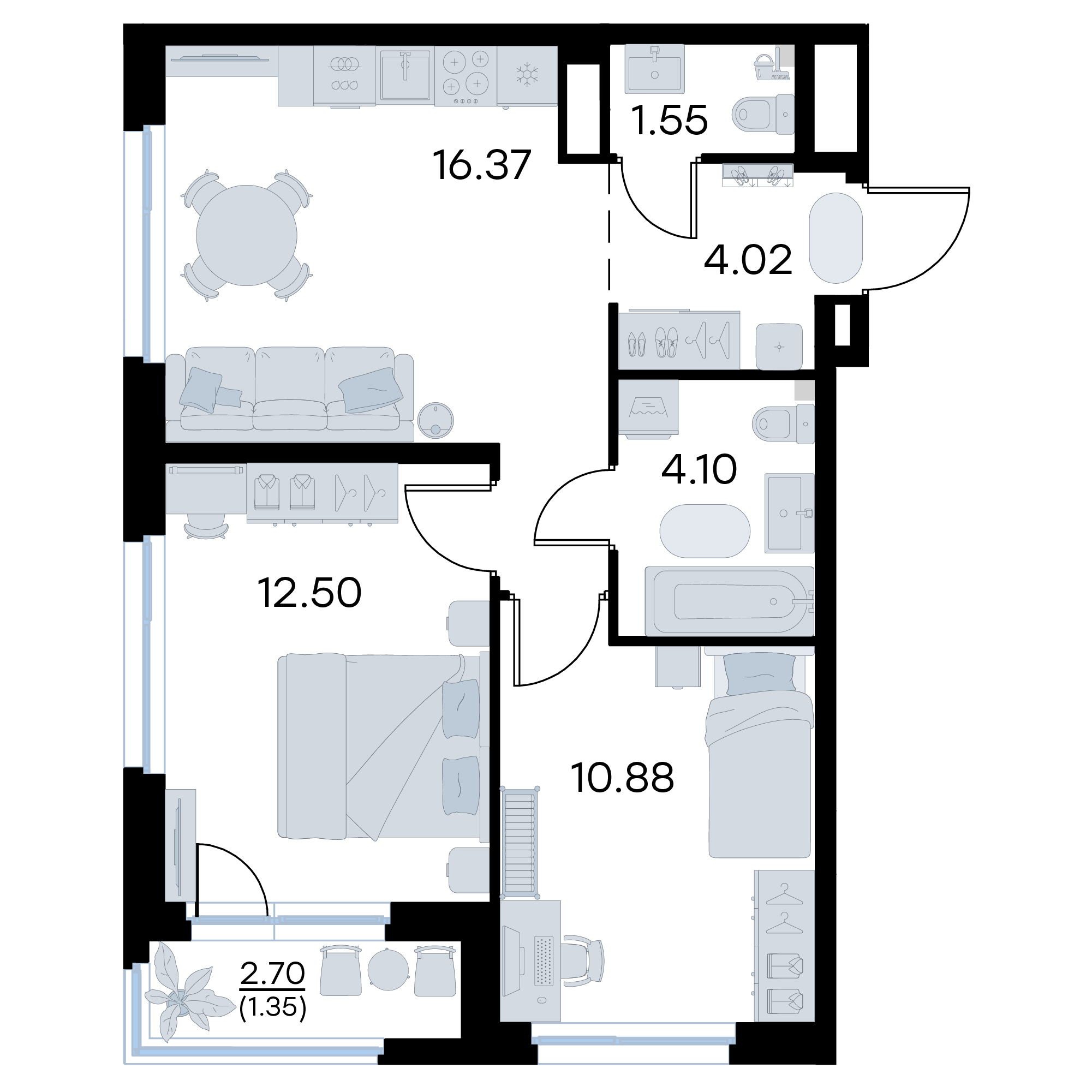 2-комнатная 50 м2 в ЖК Октябрьский корпус null этаж 13