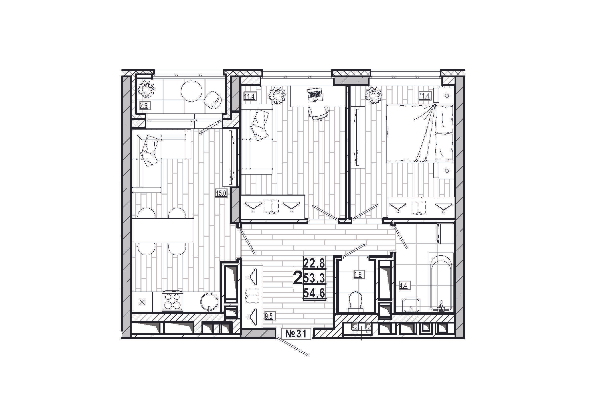 2-комнатная 54 м2 в ЖК Дом на Маяковского корпус null этаж 5