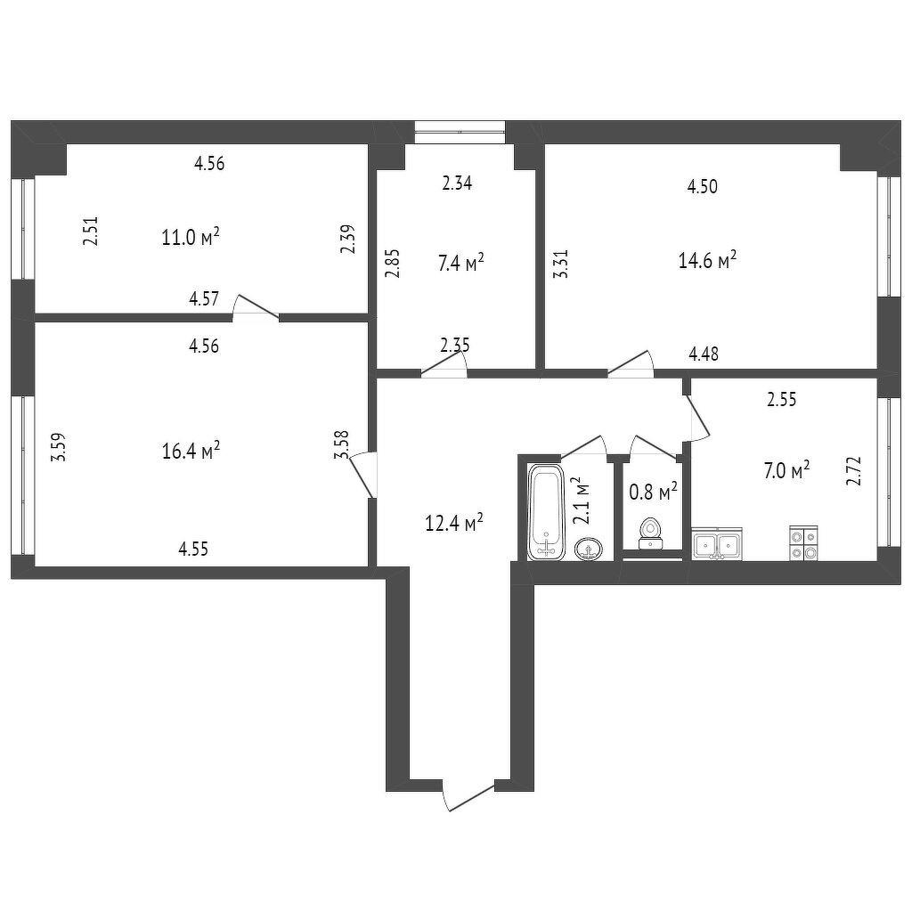 4-комнатная 71.6 м2 в ЖК undefined корпус null этаж 8
