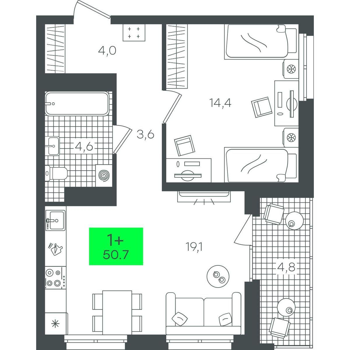1-комнатная 50 м2 в ЖК Гранд Квартал корпус null этаж 17