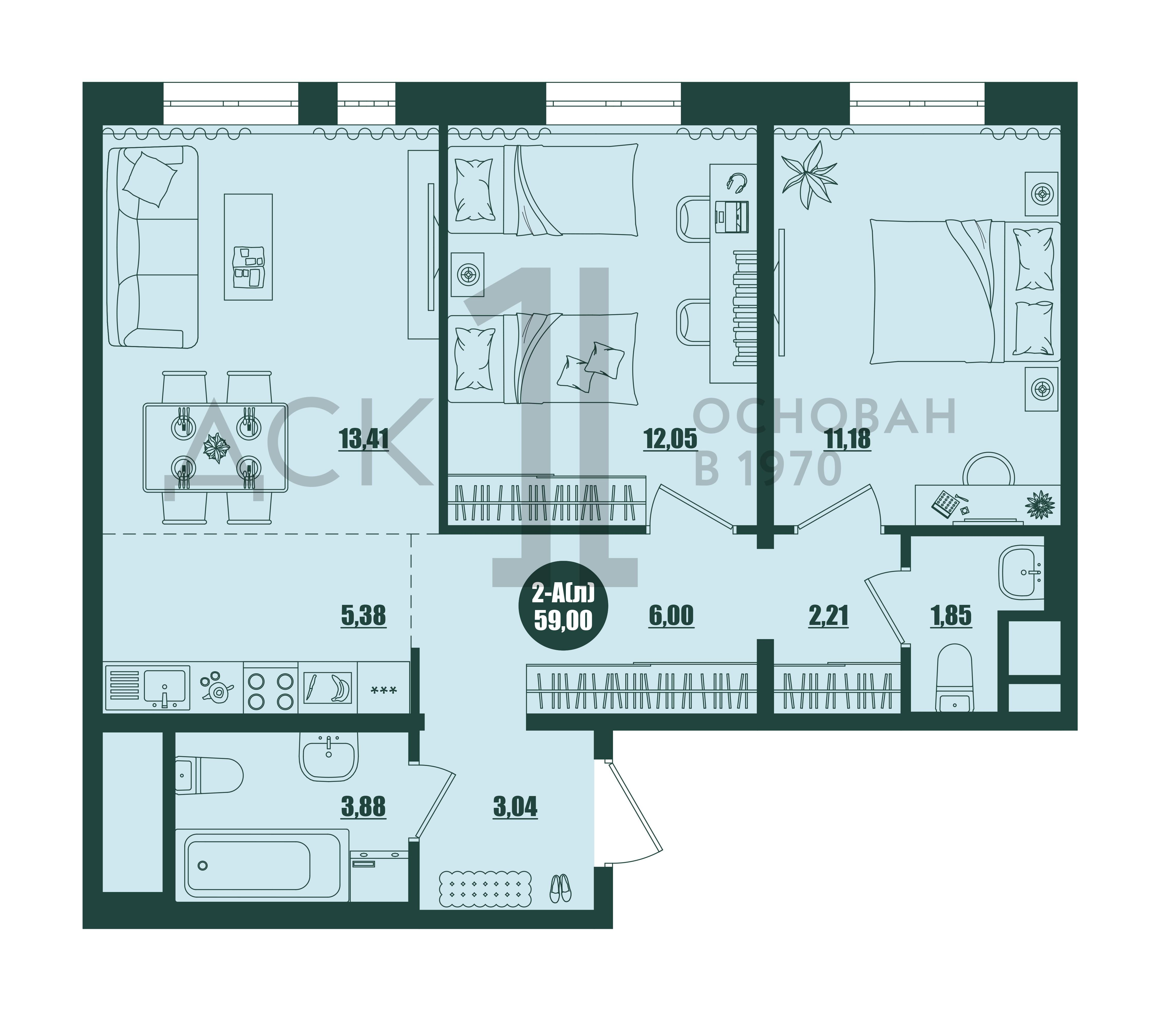 2-комнатная 59 м2 в ЖК Крылов корпус null этаж 10
