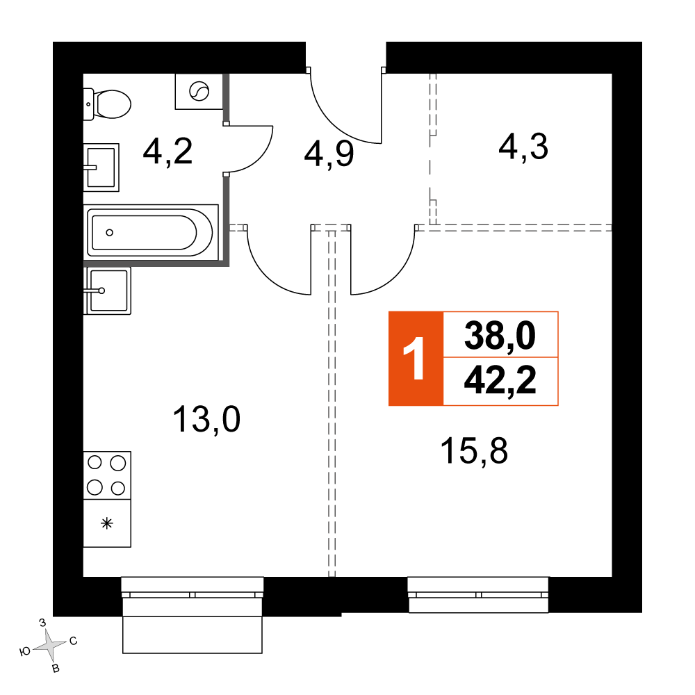 1-комнатная 42 м2 в ЖК Дубровицы Клаб корпус null этаж 3