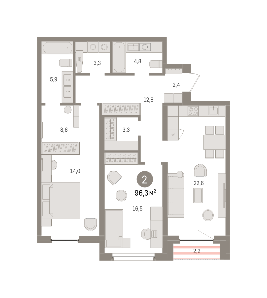 2-комнатная 96 м2 в ЖК Зарека корпус null этаж 9