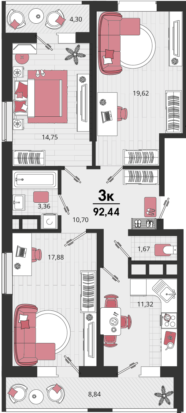 3-комнатная 92 м2 в ЖК Родные просторы корпус null этаж 2