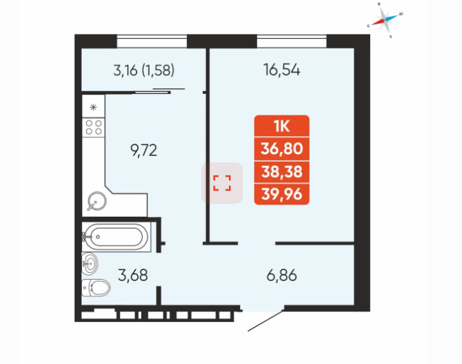 1-комнатная 38.4 м2 в ЖК undefined корпус null этаж 7