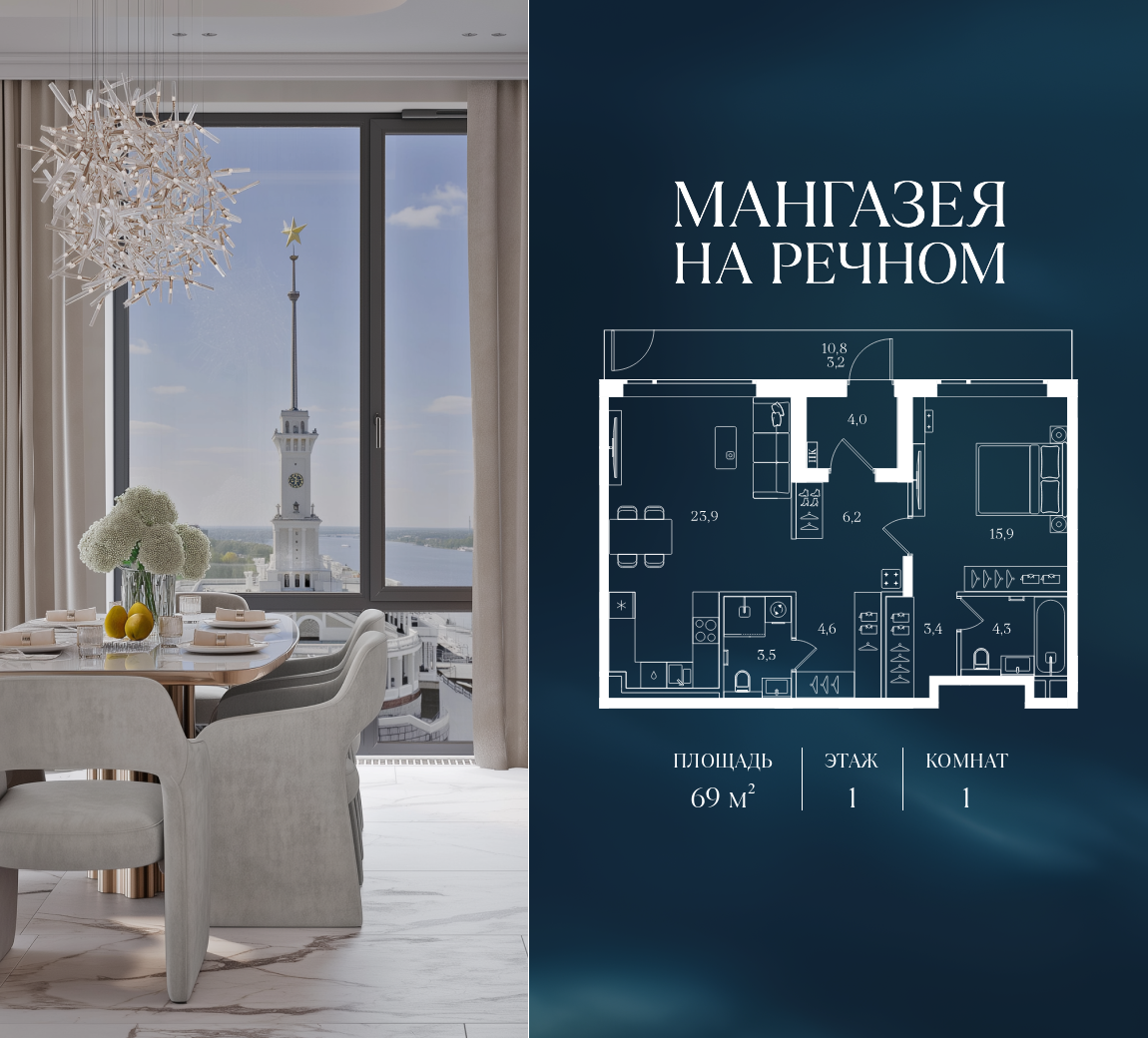 1-комнатная 69 м2 в ЖК Мангазея на Речном корпус null этаж 1