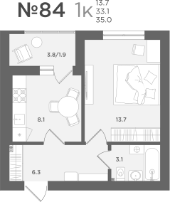 1-комнатная 33 м2 в ЖК МС18 корпус null этаж 7