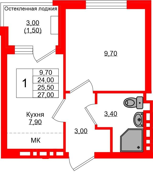 1-комнатная 25 м2 в ЖК Кроны и Волны корпус null этаж 1