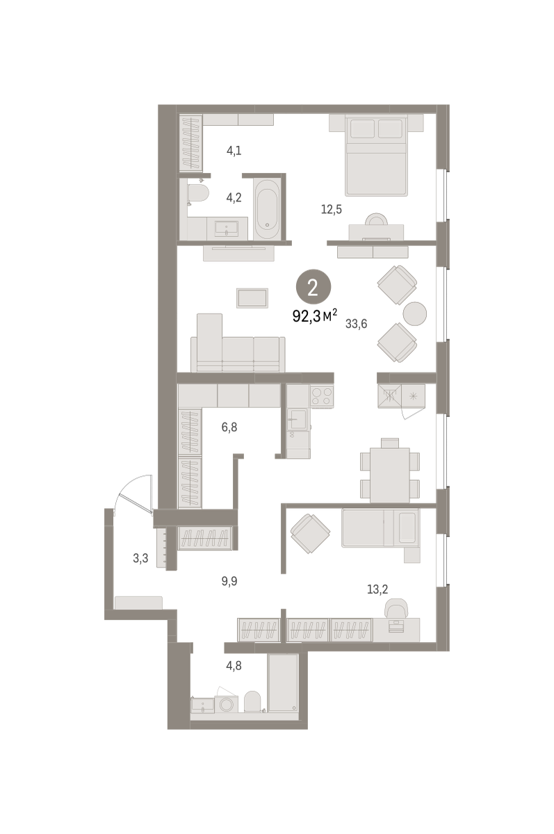 2-комнатная 92 м2 в ЖК Северный ветер корпус null этаж 5