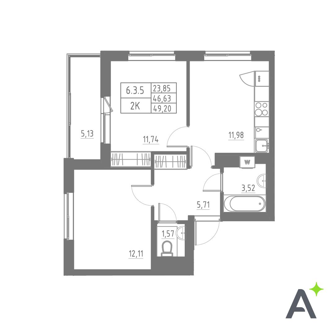 2-комнатная 49 м2 в ЖК Аквилон SOLAR корпус null этаж 6