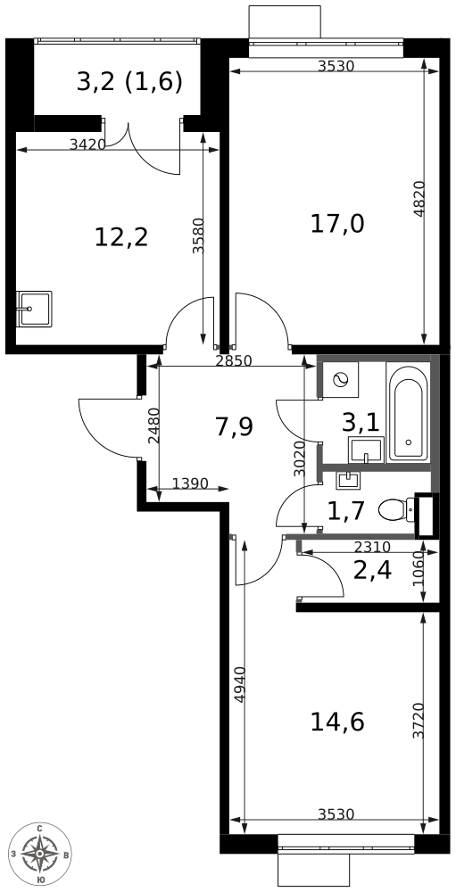 2-комнатная 60 м2 в ЖК 1-й Саларьевский корпус null этаж 13