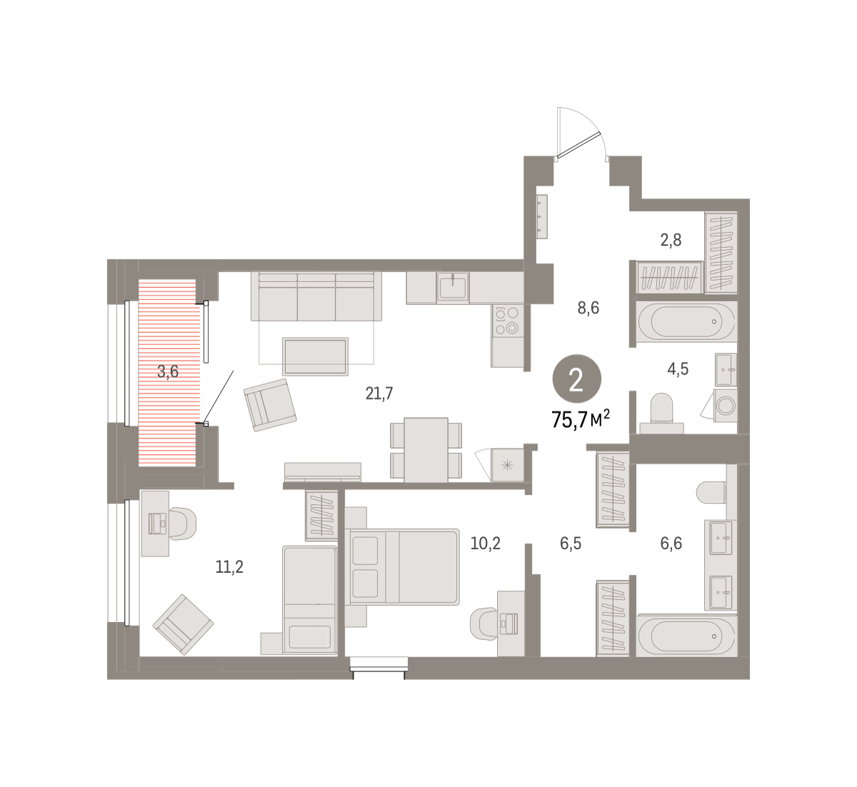 2-комнатная 75 м2 в ЖК Северный ветер корпус null этаж 3