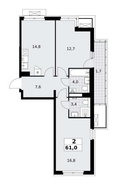 2-комнатная 61 м2 в ЖК Деснаречье корпус null этаж 8