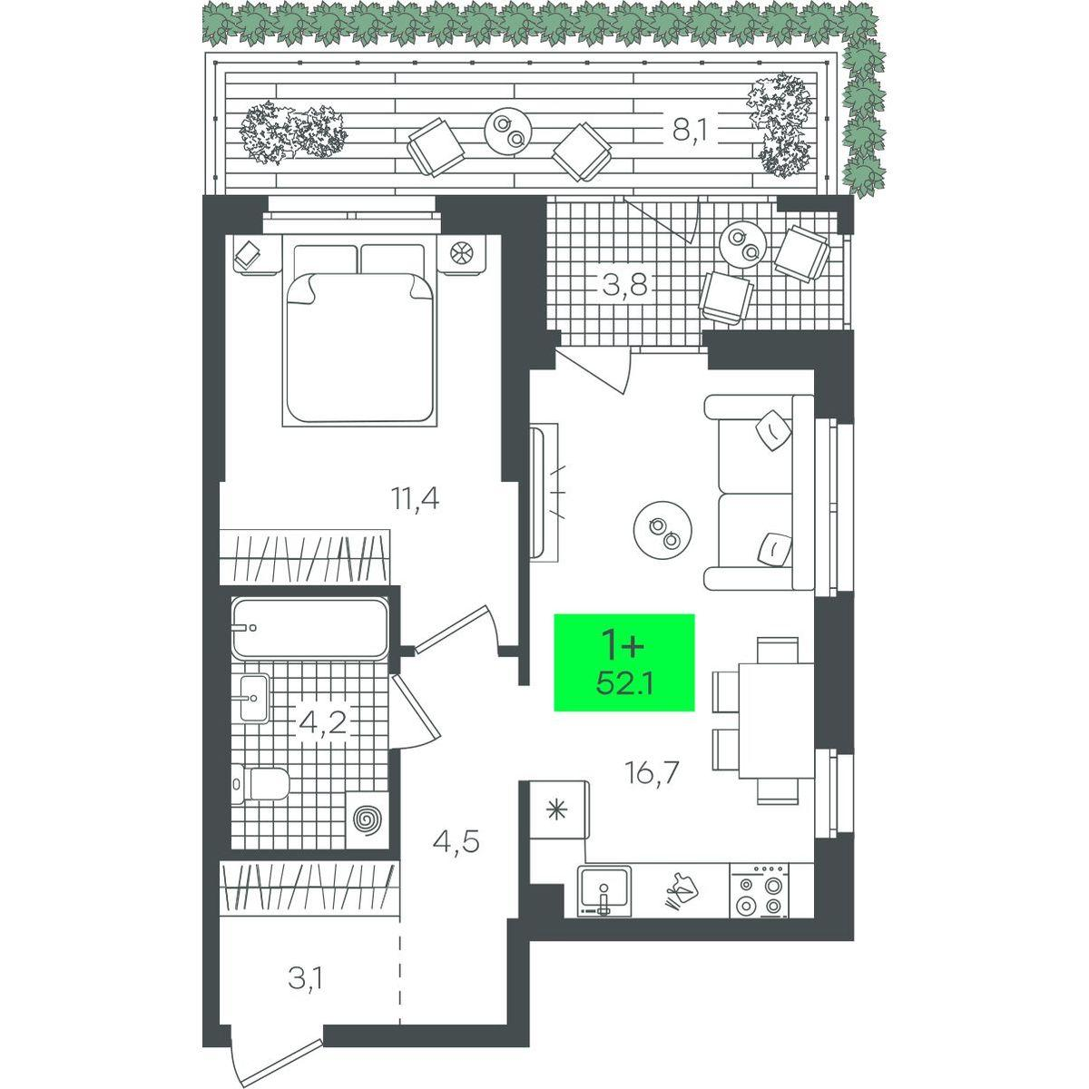 1-комнатная 52 м2 в ЖК Гранд Квартал корпус null этаж 1