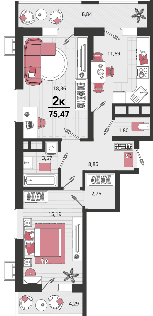 2-комнатная 75 м2 в ЖК Родные просторы корпус null этаж 10