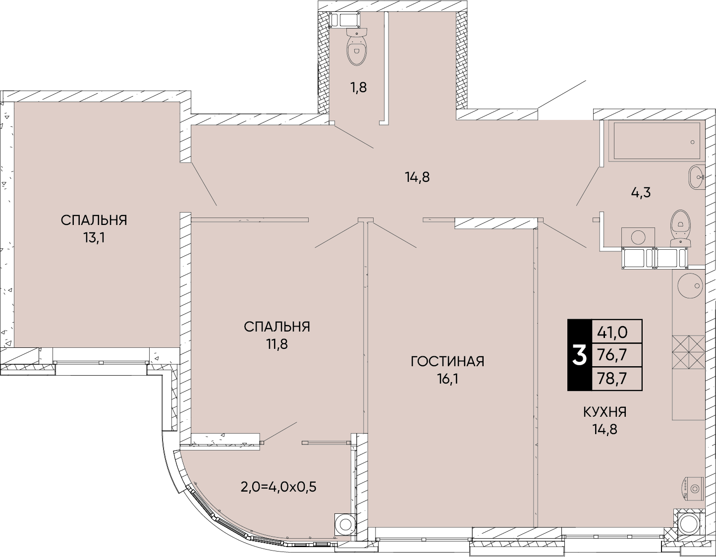 3-комнатная 78 м2 в ЖК Левобережье корпус null этаж 7