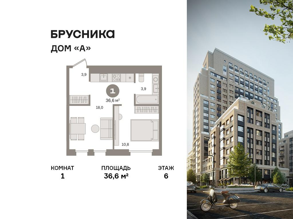 1-комнатная 36 м2 в ЖК Дом «А» корпус null этаж 6