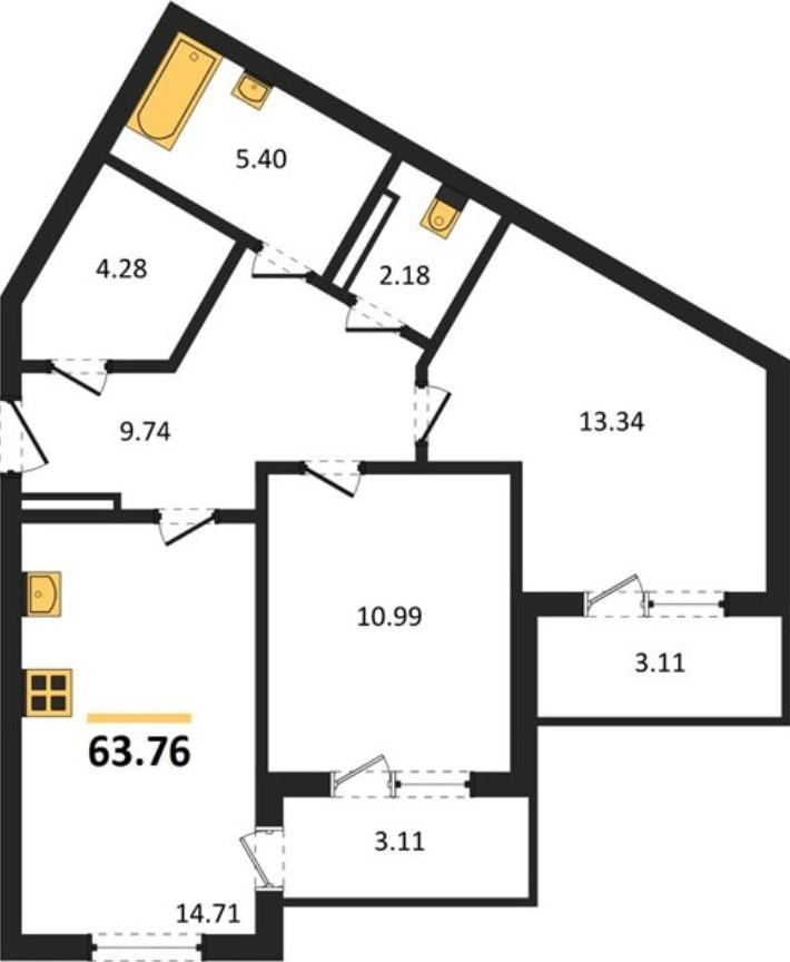 2-комнатная 63.8 м2 в ЖК undefined корпус null этаж 5