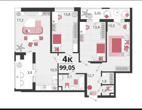 4-комнатная 99 м2 в ЖК undefined корпус null этаж 18