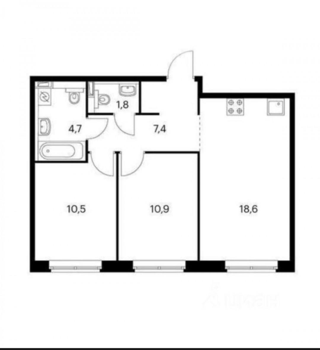 3-комнатная 51.7 м2 в ЖК undefined корпус null этаж 1