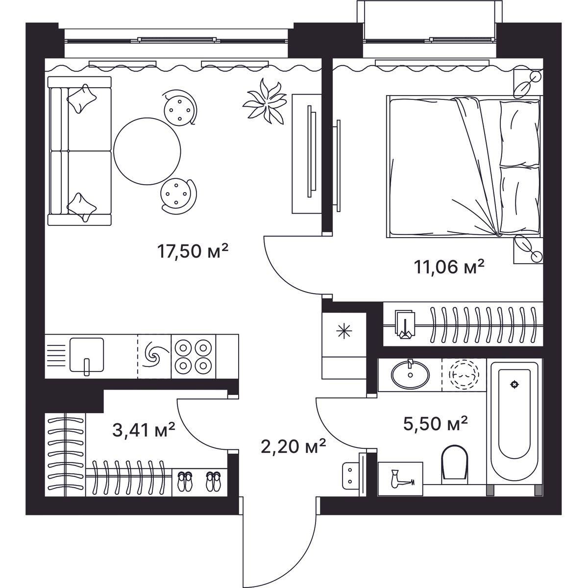 1-комнатная 39 м2 в ЖК Гагарин корпус null этаж 2