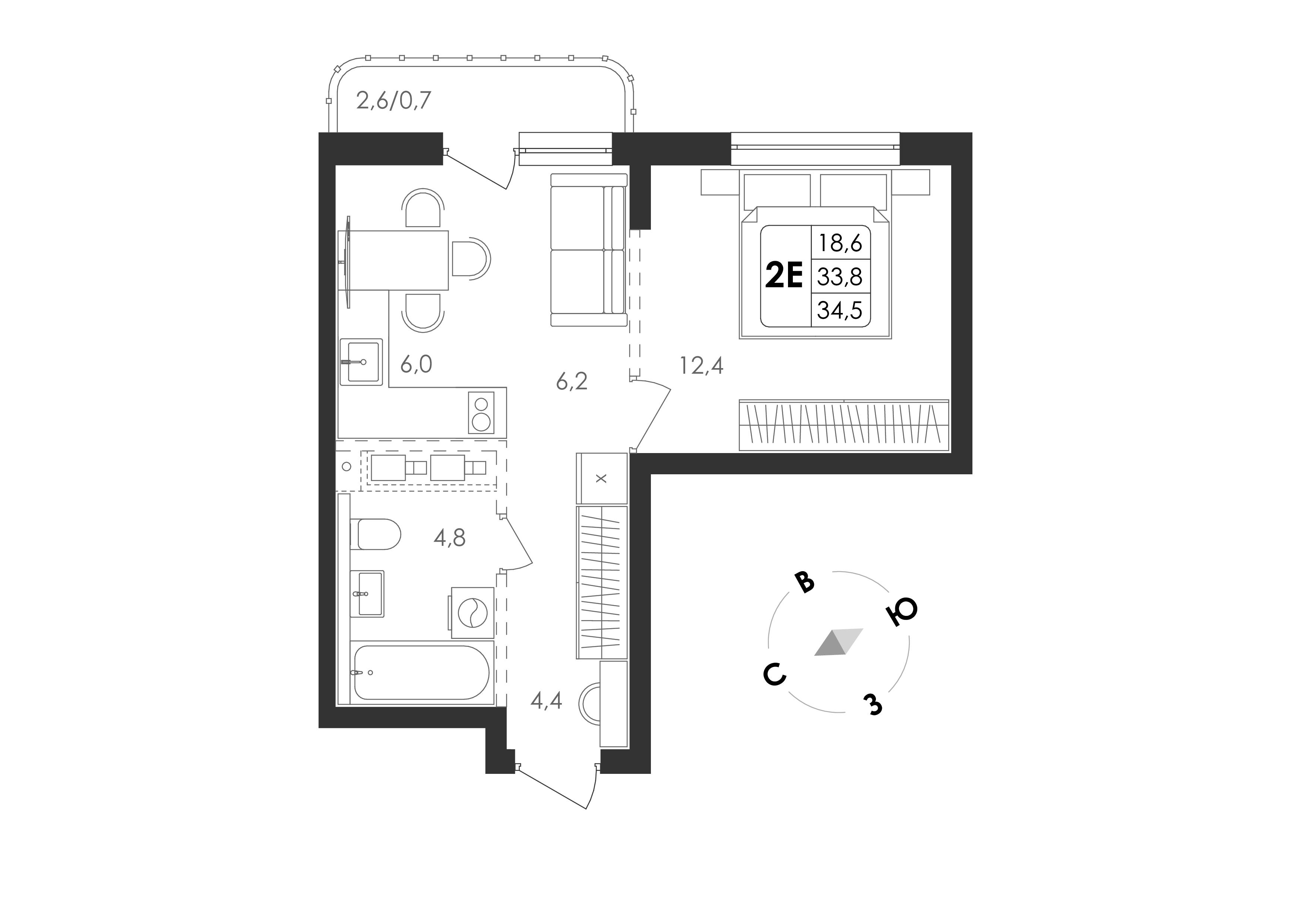 2-комнатная 39 м2 в ЖК Циолковский корпус null этаж 7
