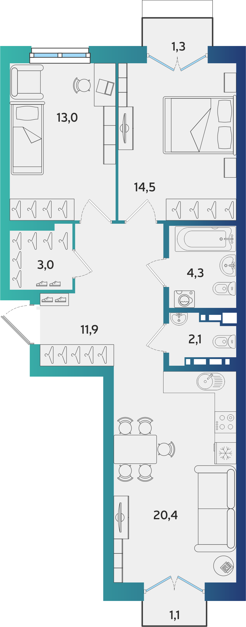 2-комнатная 69 м2 в ЖК Экополис корпус null этаж 8