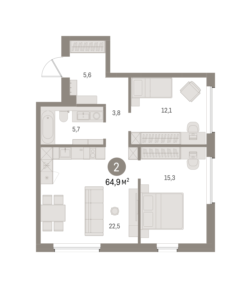 2-комнатная 64 м2 в ЖК Северный ветер корпус null этаж 9