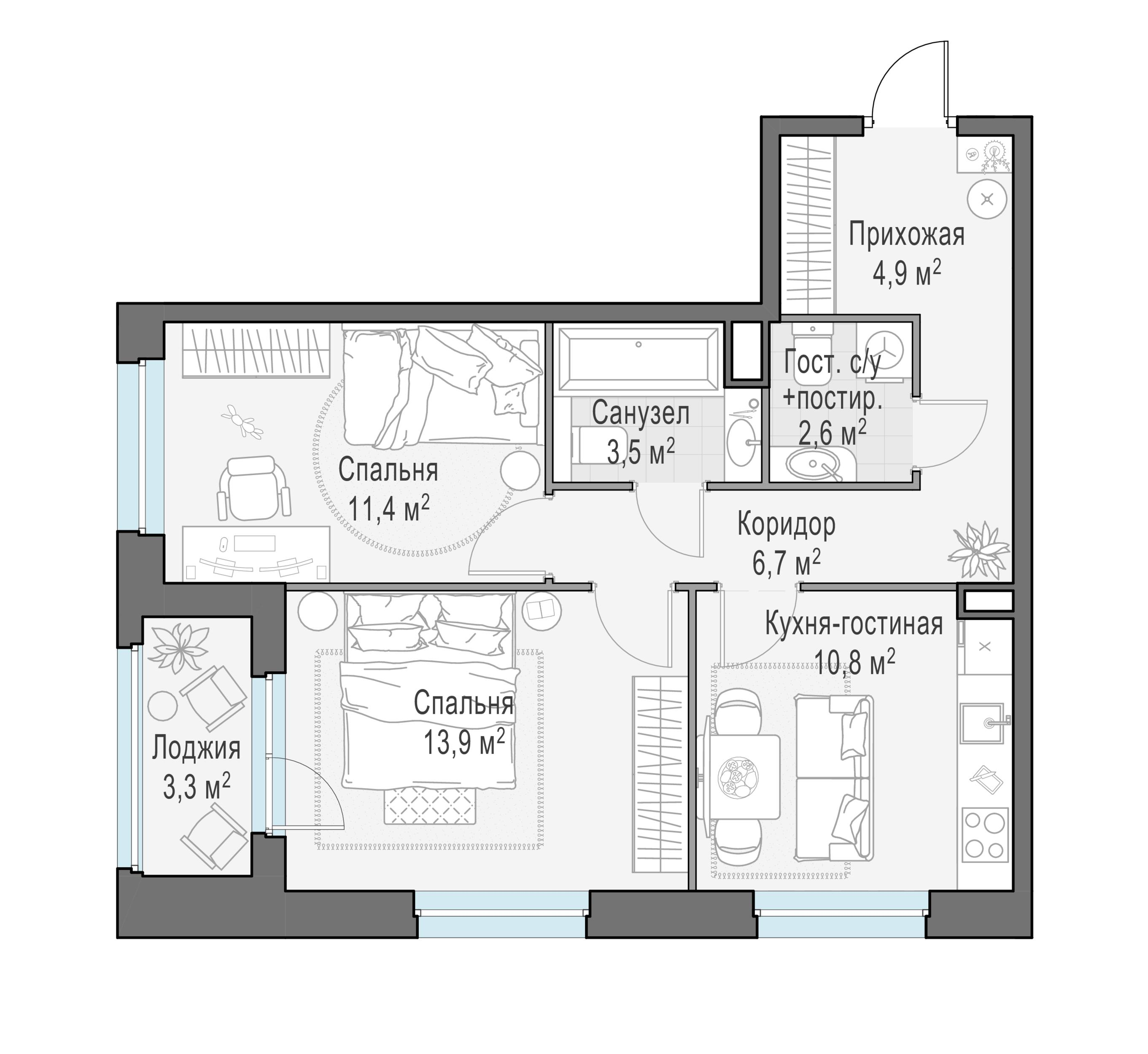 2-комнатная 55 м2 в ЖК Жилые кварталы «Белый Град» корпус null этаж 9