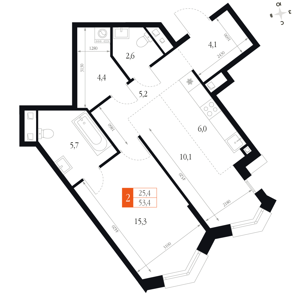 2-комнатная 53 м2 в ЖК Фордевинд корпус null этаж 12