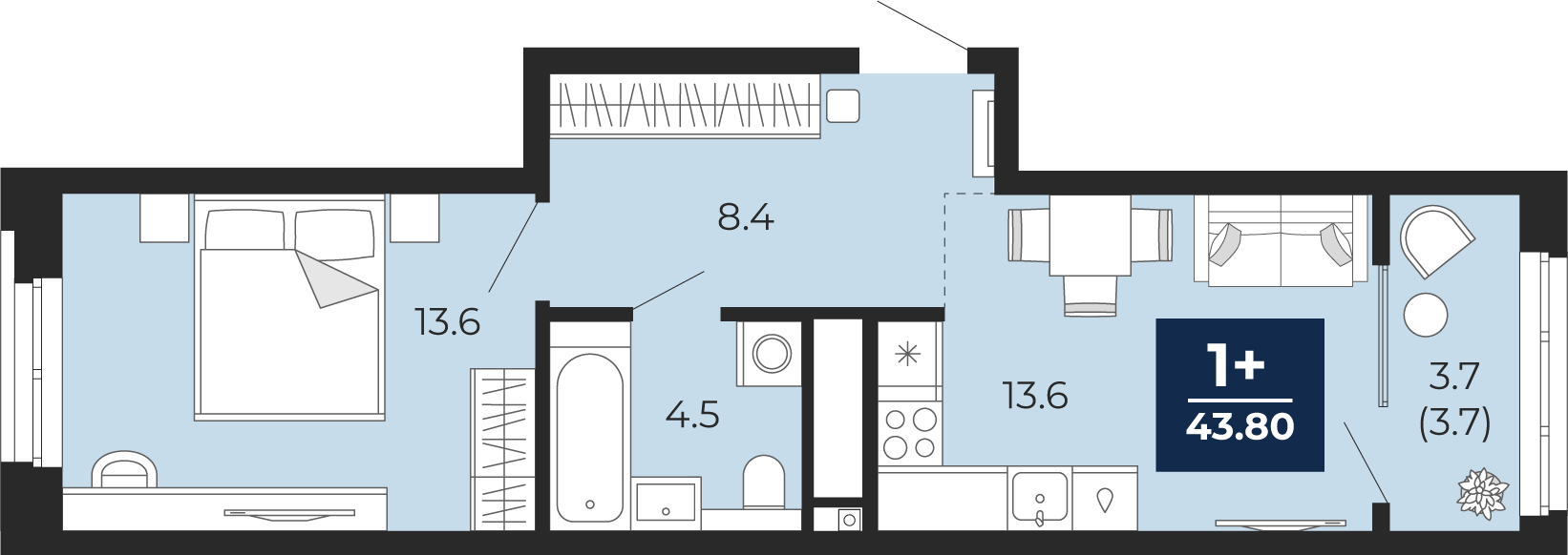 1-комнатная 43 м2 в ЖК Мириады корпус null этаж 12