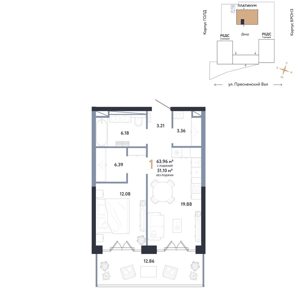 1-комнатная 63 м2 в ЖК Репаблик корпус null этаж 15