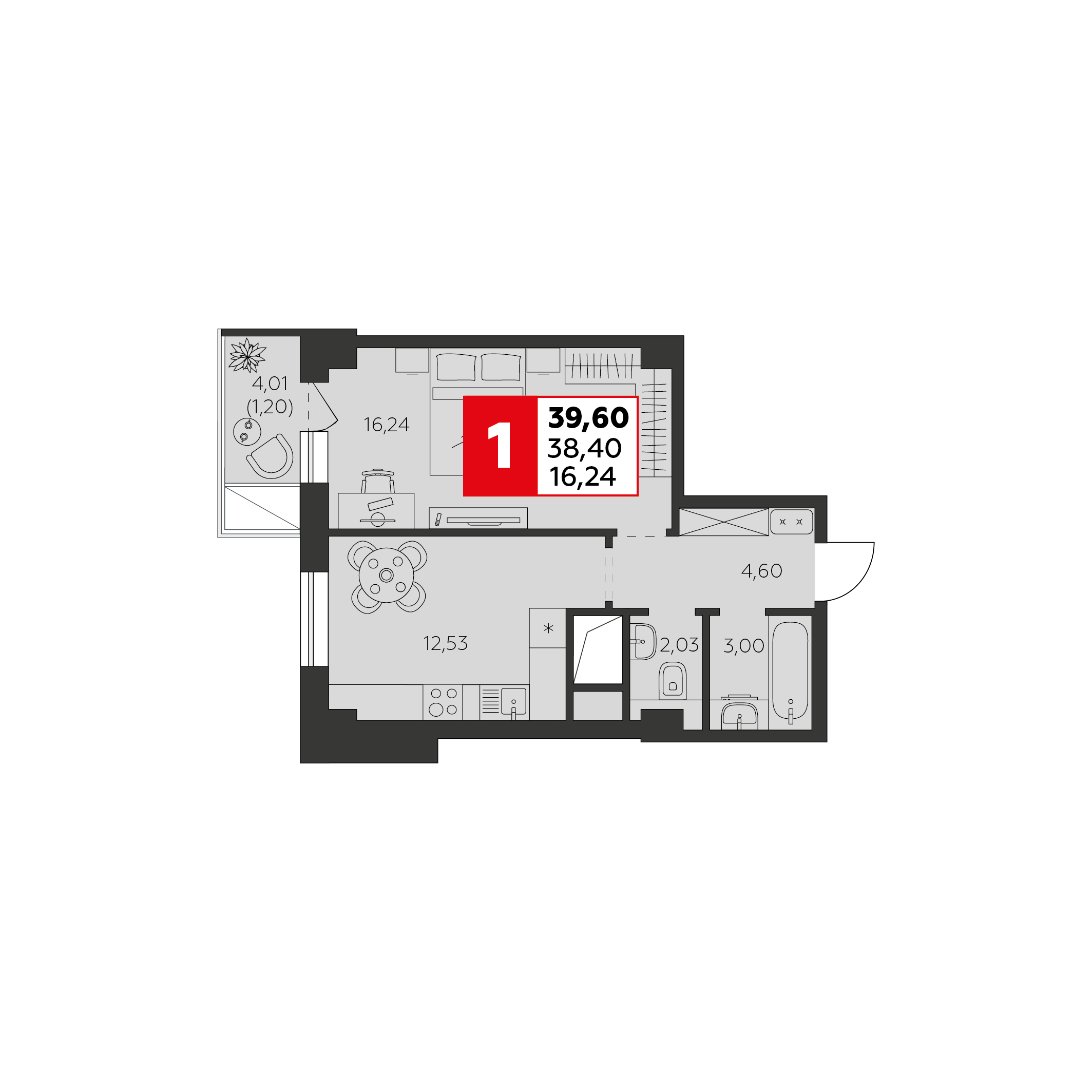 1-комнатная 39 м2 в ЖК Высотка корпус null этаж 16