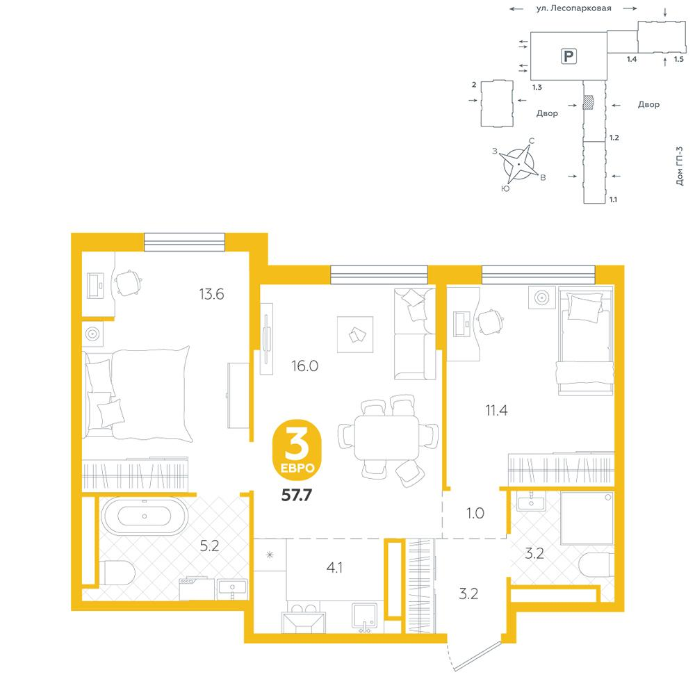 2-комнатная 57 м2 в ЖК Чистые пруды корпус null этаж 10