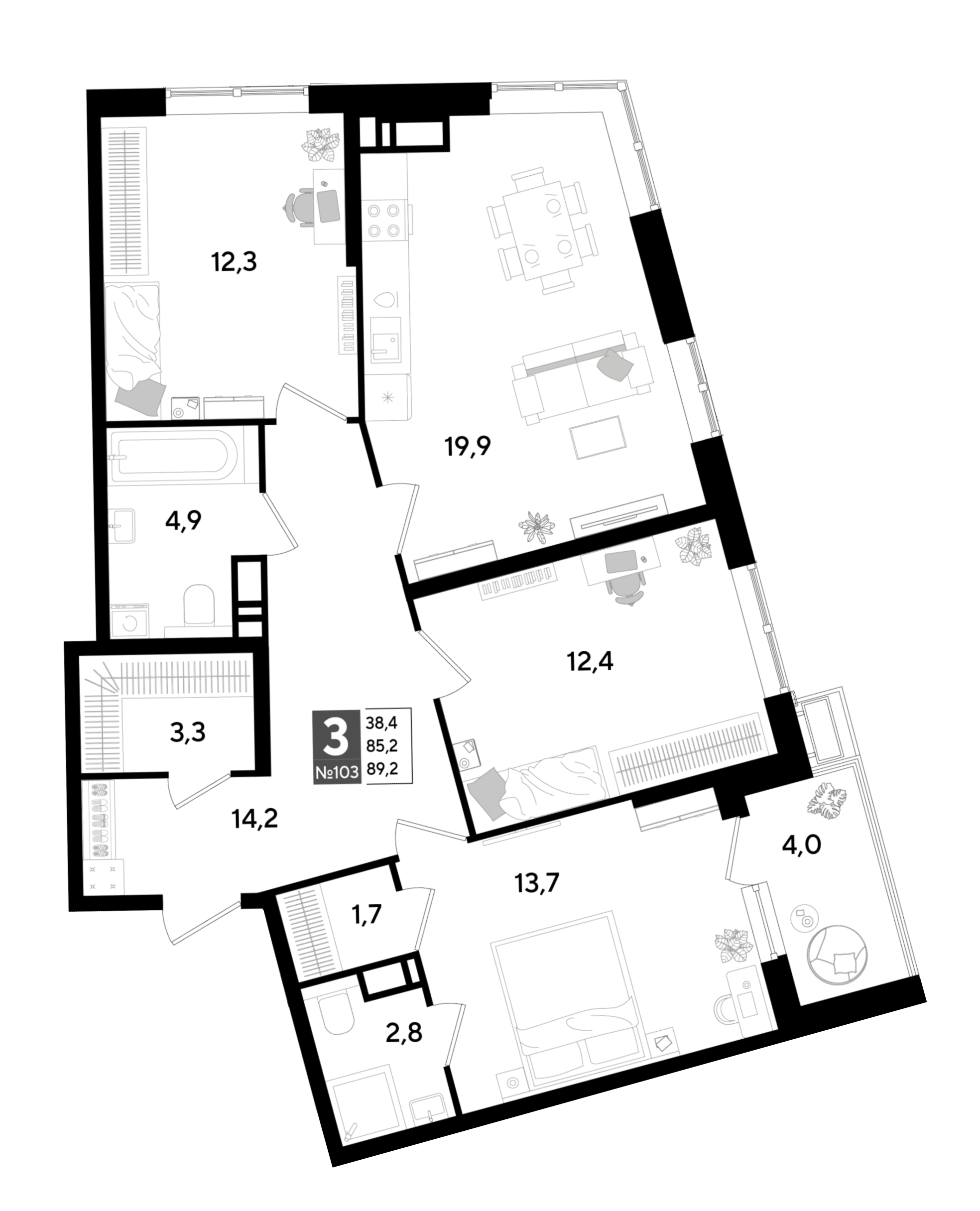 3-комнатная 89 м2 в ЖК Парк Победы 2 корпус null этаж 16