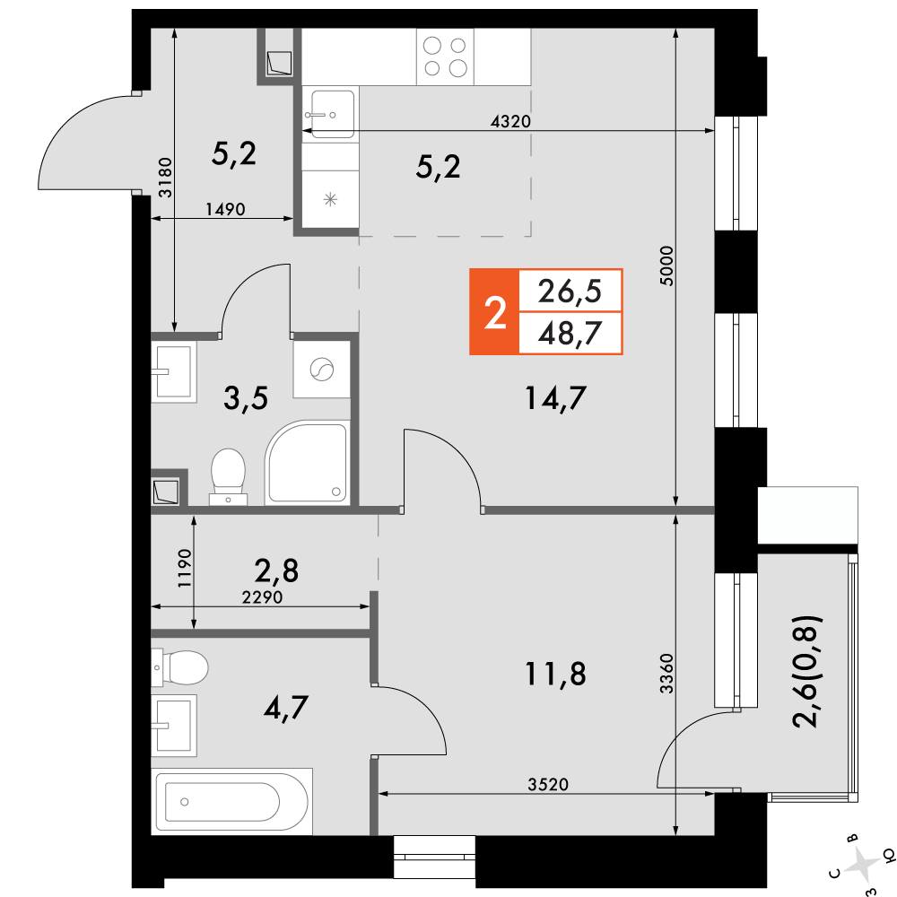 2-комнатная 48 м2 в ЖК Флагман корпус null этаж 11