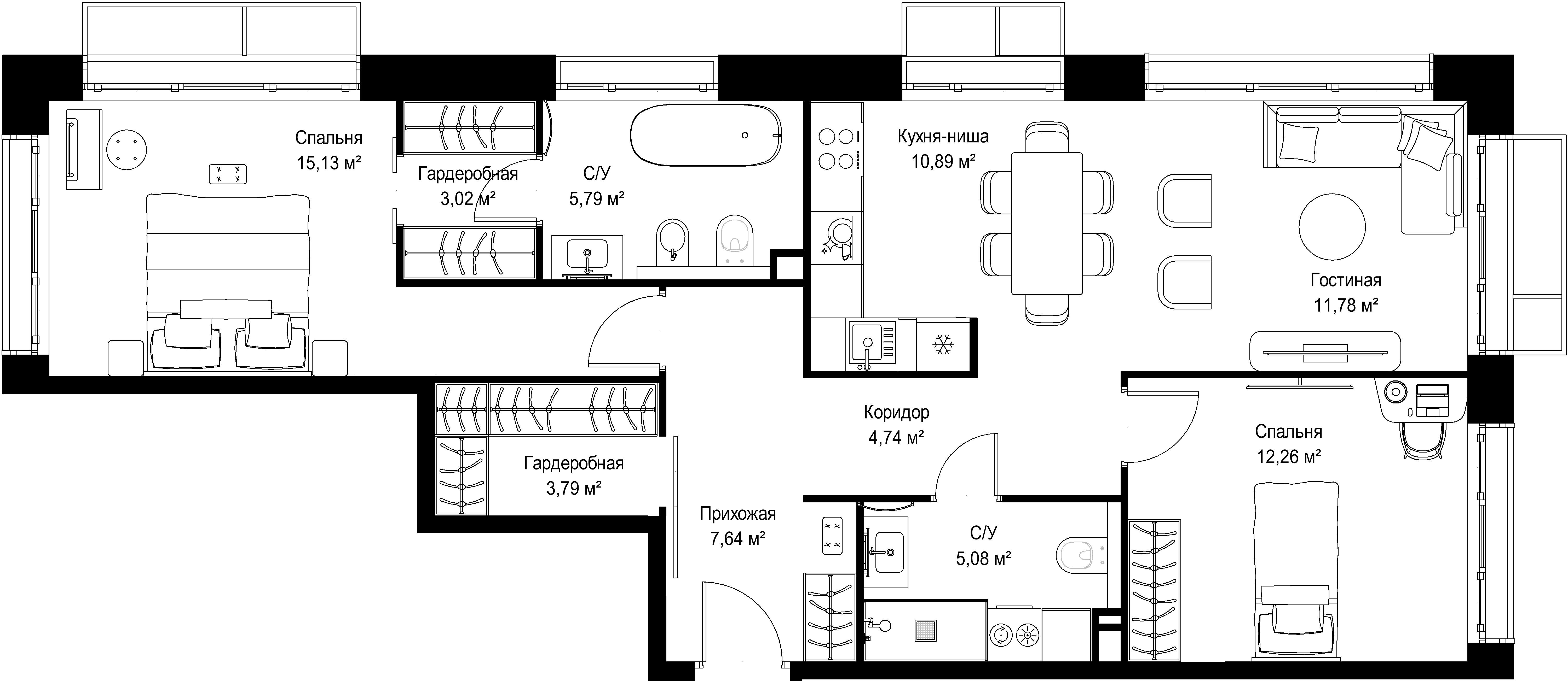 2-комнатная 80 м2 в ЖК МЫС корпус null этаж 3