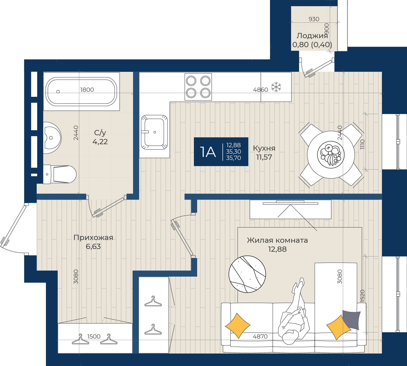 1-комнатная 35 м2 в ЖК NOVA корпус null этаж 10