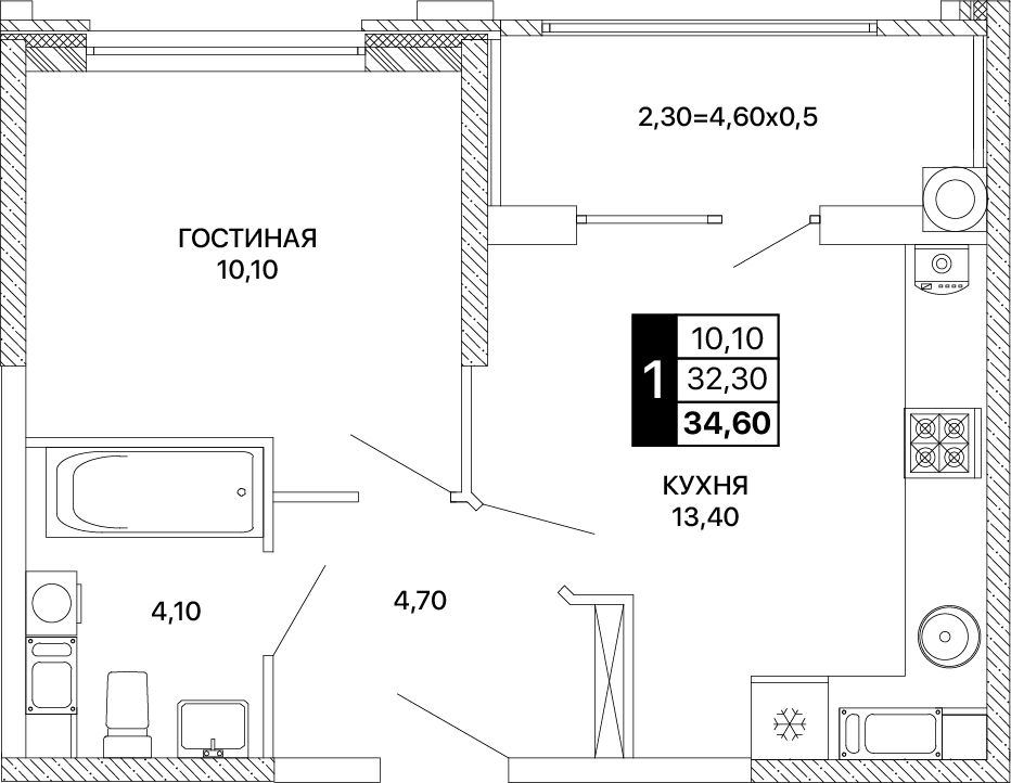 1-комнатная 34 м2 в ЖК Сияние корпус null этаж 11