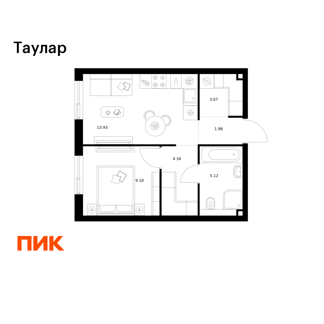 1-комнатная 37 м2 в ЖК Таулар корпус null этаж 11